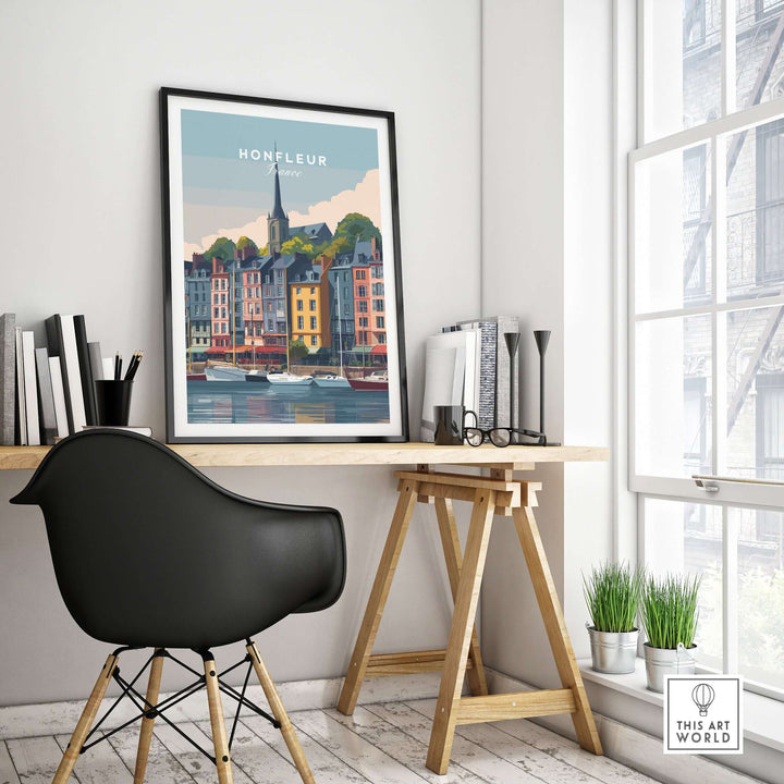 Honfleur poster featuring colorful buildings by the harbor, displayed in a modern home office setting.