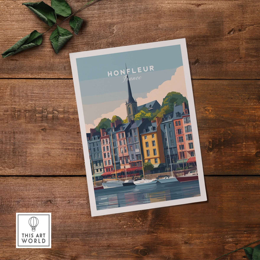 Honfleur poster featuring colorful buildings and boats in a serene harbor setting, showcasing French coastal charm.