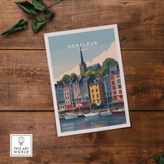 Honfleur Poster - French Harbor Town Wall Art - Boating Scene Print displayed on wood with boats in harbor.