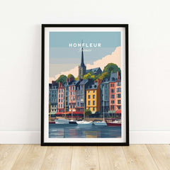 Honfleur Poster - French Harbor Town Wall Art - Boating Scene Print featuring colorful buildings and boats.