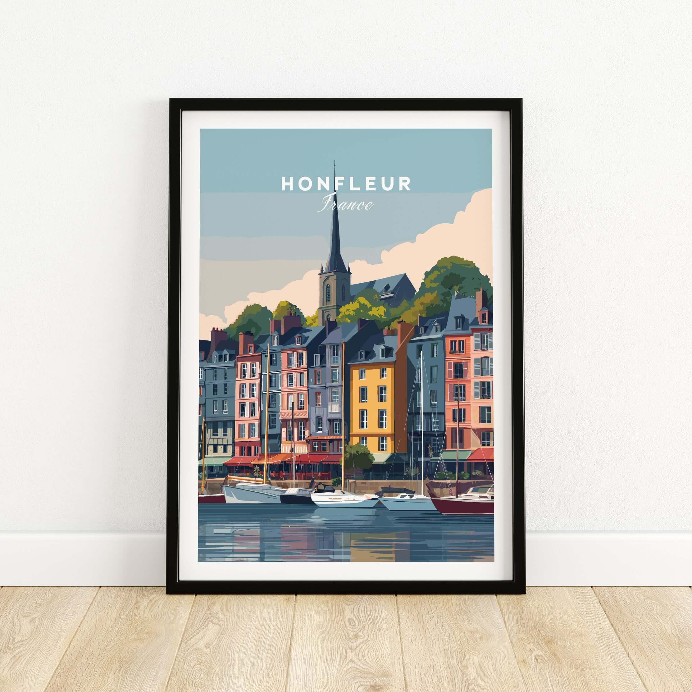 Honfleur Poster - French Harbor Town Wall Art - Boating Scene Print featuring colorful buildings and boats.