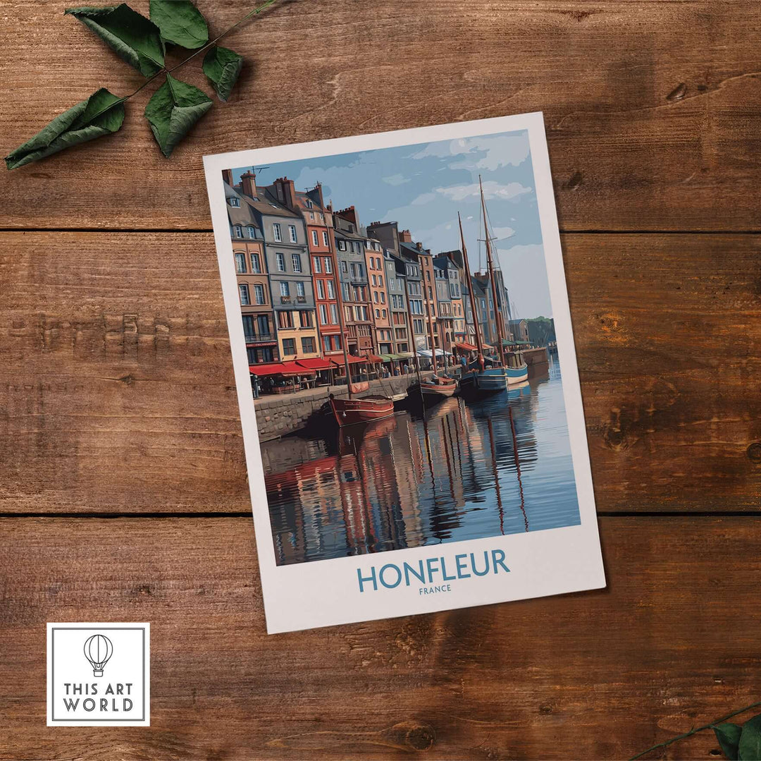 Honfleur poster featuring boats and historic buildings in Normandy, France, perfect for wall art lovers.