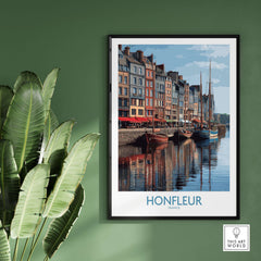 Honfleur Poster - Normandy France Travel Print - Boats and Buildings Wall Art displayed on a green wall.