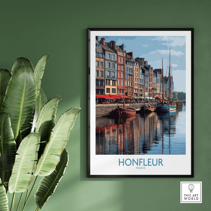Honfleur poster featuring historic buildings and boats, showcasing the beauty of Normandy, France wall art.