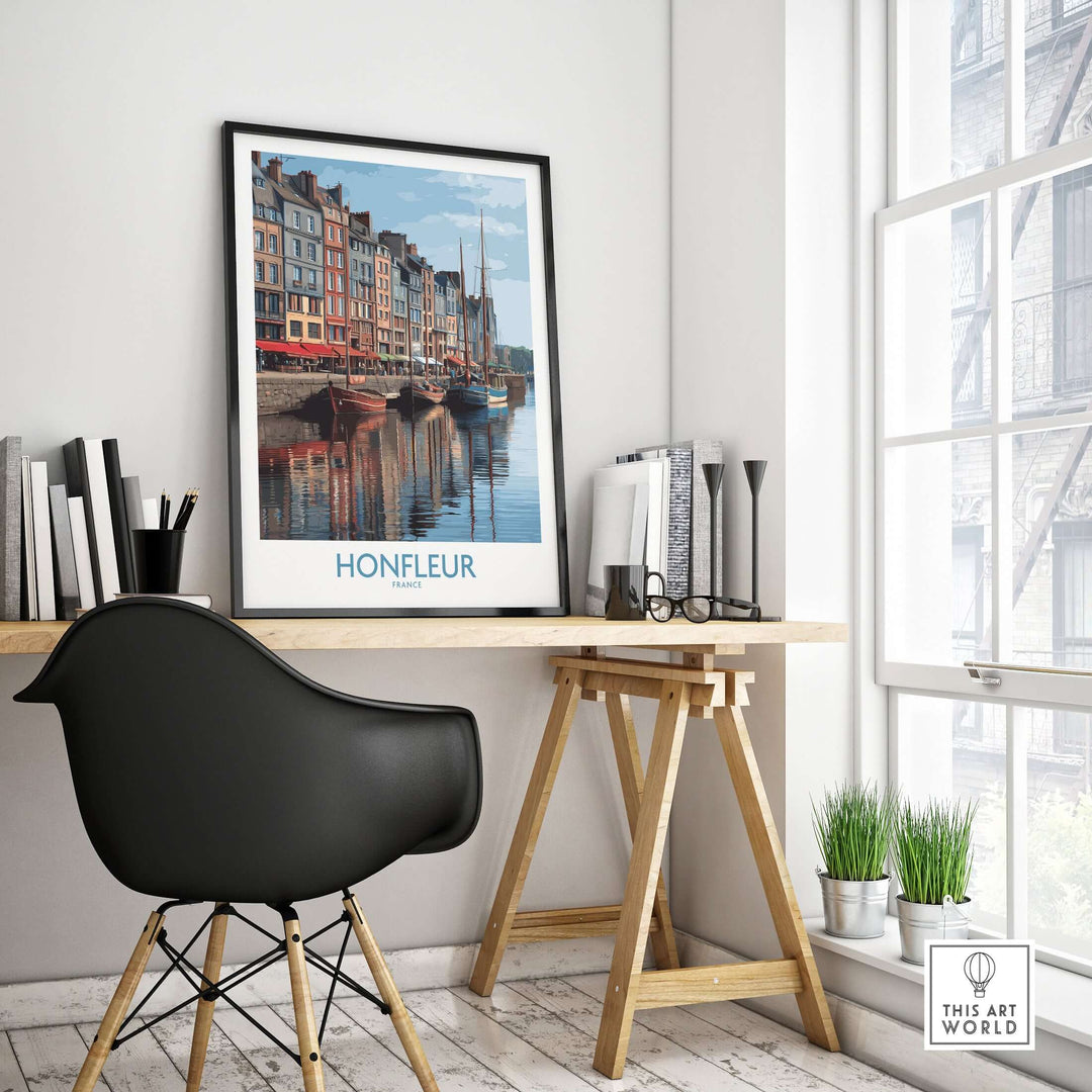 Honfleur poster showcasing boats and historic buildings in a stylish home office setting.
