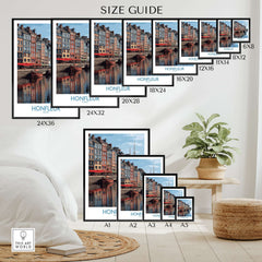 Honfleur Poster - Normandy France Travel Print - Boats and Buildings Wall Art Size Guide with various dimensions