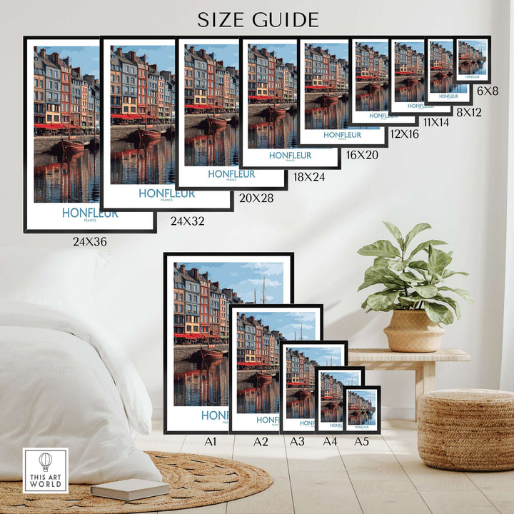 Size guide for Honfleur poster prints showcasing various dimensions and styles for wall art display.