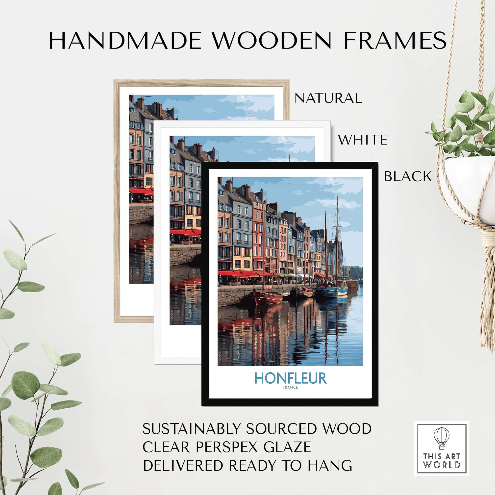 Handmade wooden frames for Honfleur Poster - Normandy France Travel Print - Boats and Buildings Wall Art.