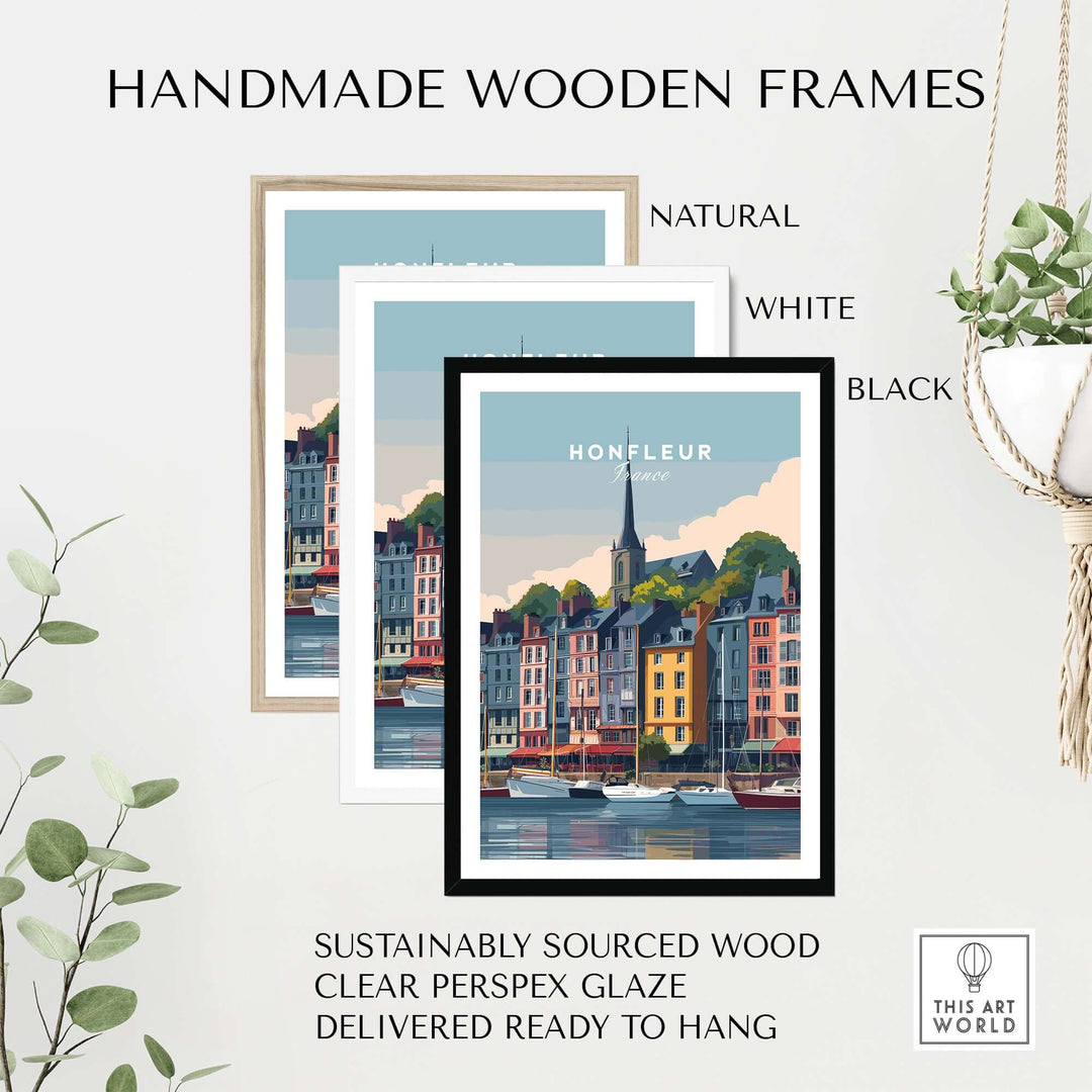 Handmade wooden frames in natural, white, and black for Honfleur boating scene poster, featuring sustainable materials.
