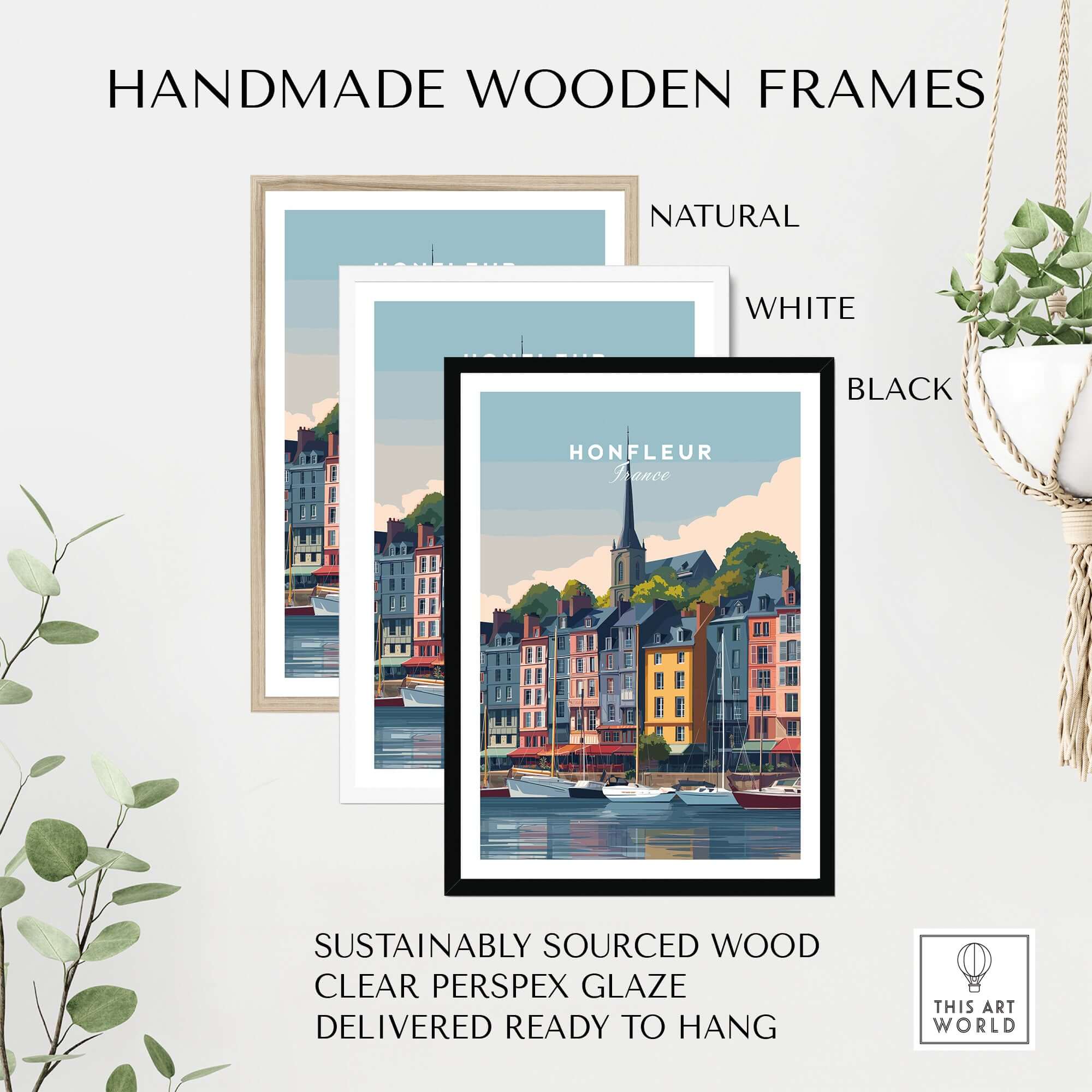 Honfleur Poster - French Harbor Town Wall Art - Boating Scene Print in handmade wooden frames, natural, white, and black.