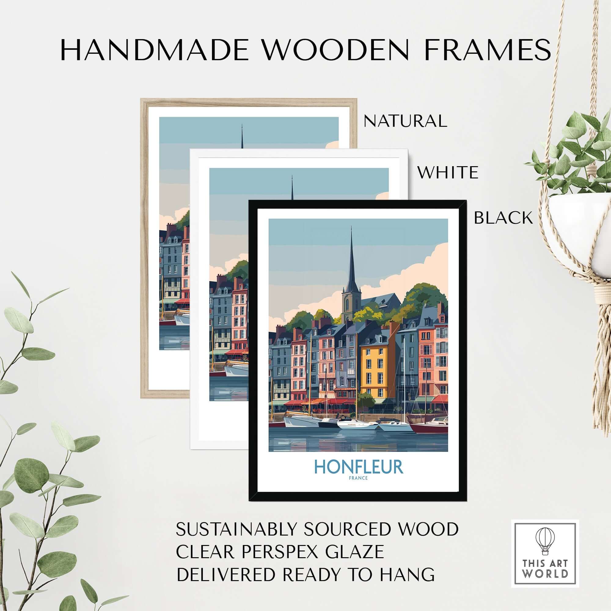 Honfleur Town Poster - French Village Art Print - Normandy Travel Decor in three handmade wooden frames.