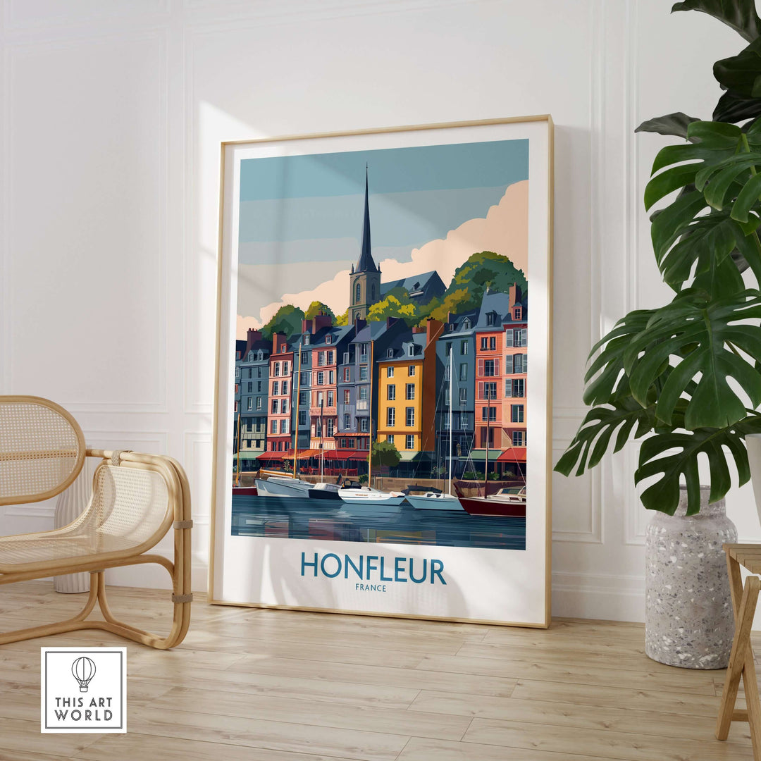 Framed Honfleur Town poster showcasing colorful buildings and boats, perfect for Normandy travel decor.