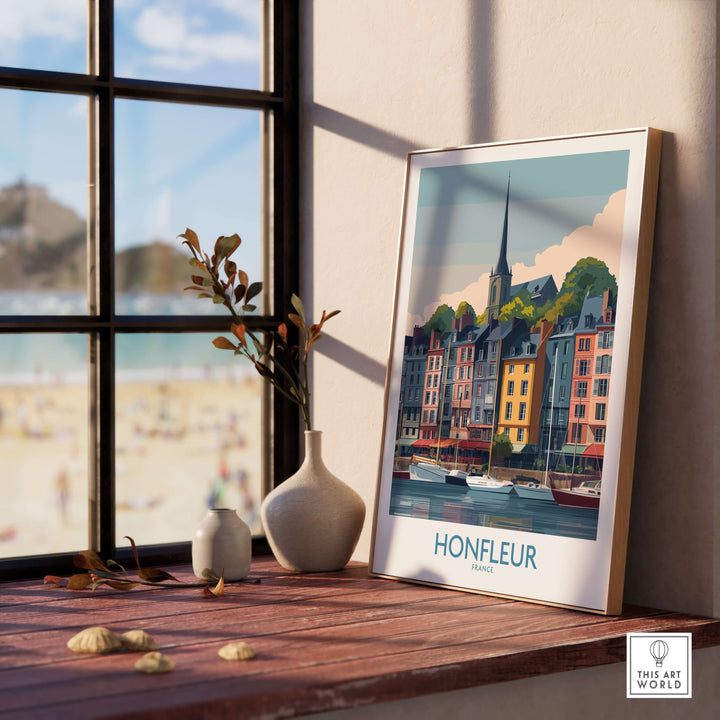 Honfleur town poster art print showcasing colorful buildings and coastal scenery in Normandy, France.