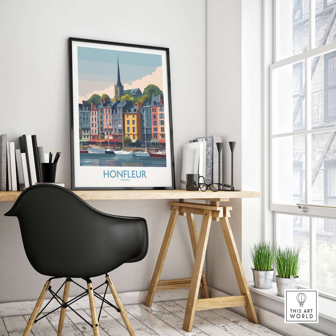 Honfleur town poster artwork displayed in a modern workspace, showcasing French village charm and Normandy decor.
