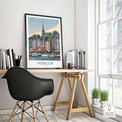 Honfleur Town Poster - French Village Art Print - Normandy Travel Decor displayed in a modern home office setting.