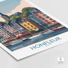 Honfleur Town Poster - French Village Art Print - Normandy Travel Decor showcasing colorful buildings and boats.
