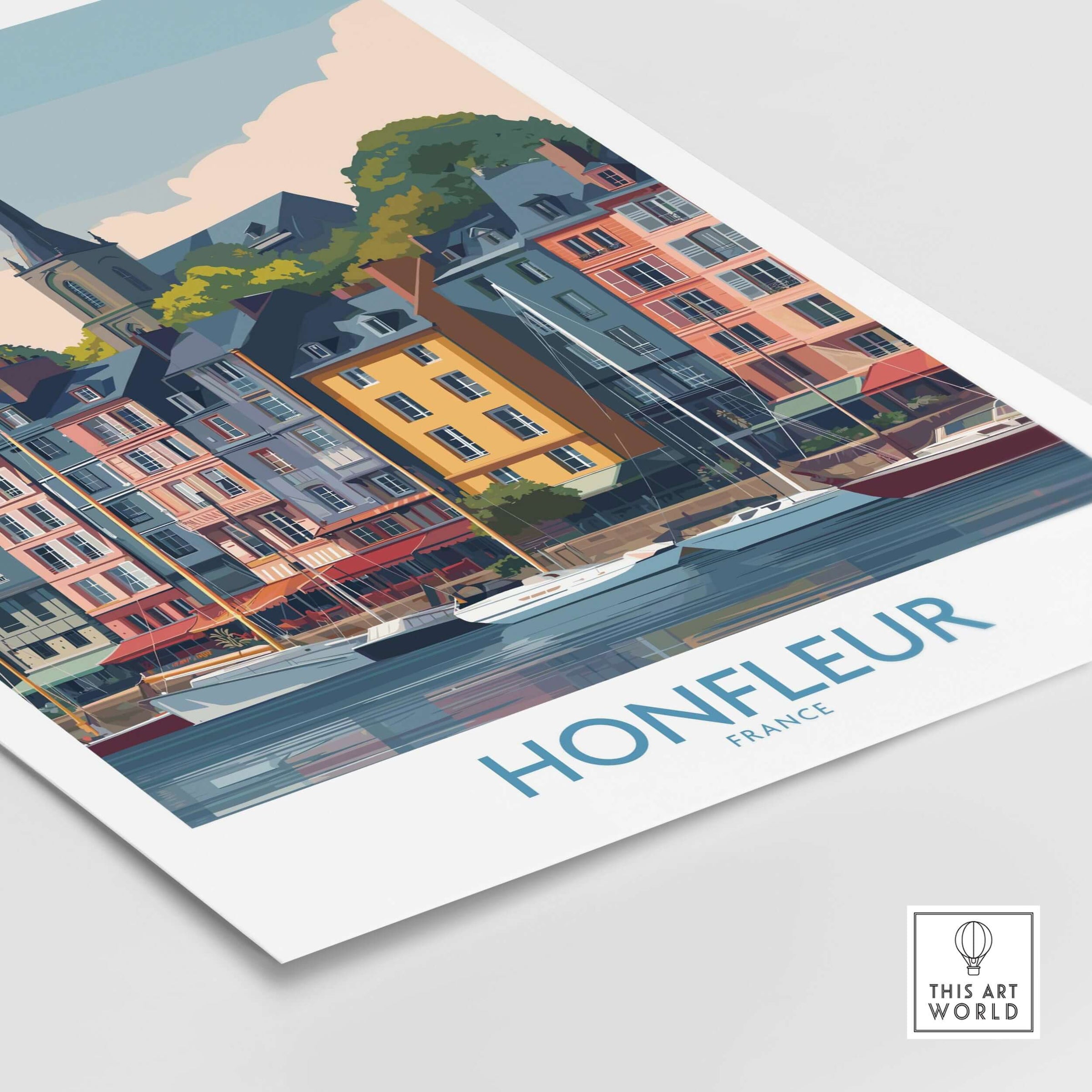 Honfleur Town Poster - French Village Art Print - Normandy Travel Decor showcasing colorful buildings and boats.