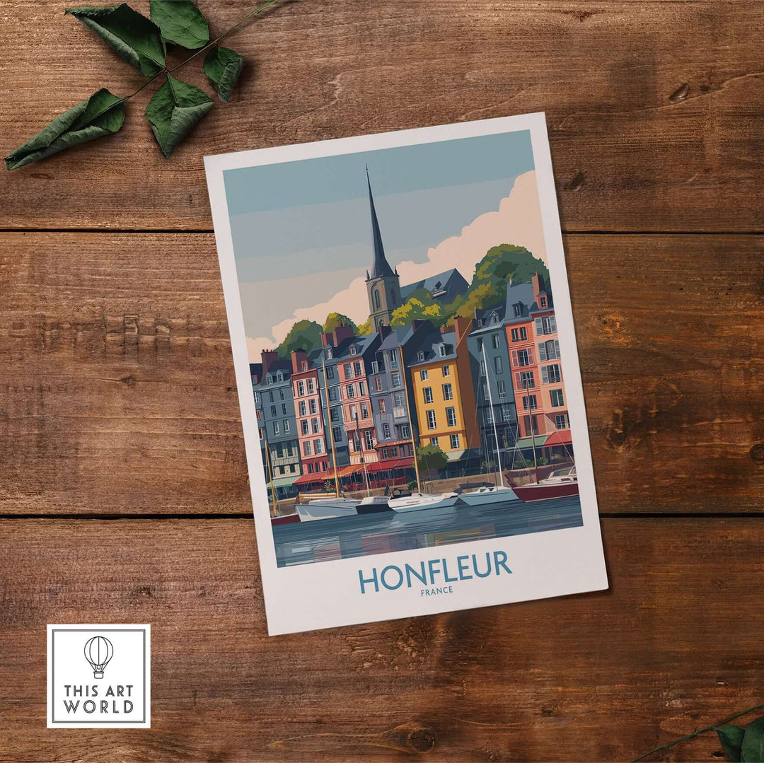 Honfleur Town poster with colorful buildings and boats, showcasing Normandy's charm and beauty in art print form.