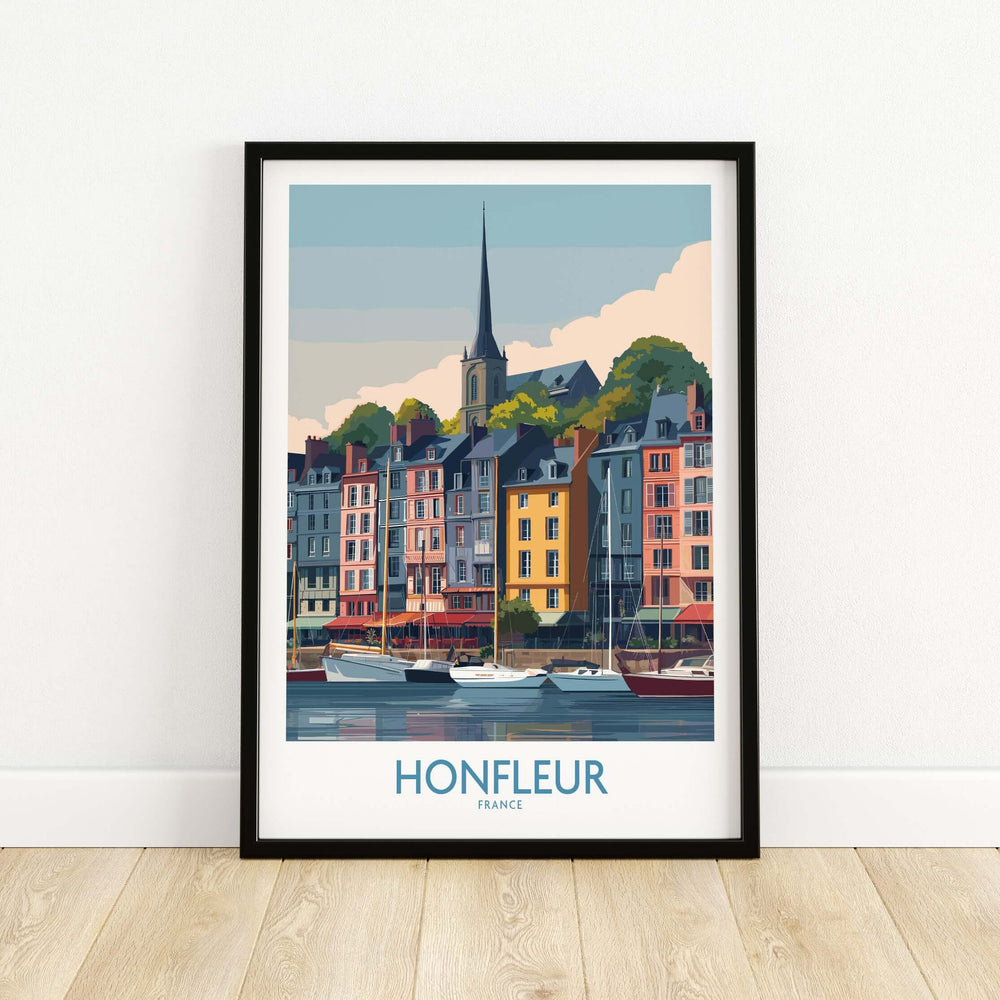 Honfleur town poster showcasing colorful buildings and boats in Normandy, France art print for travel decor