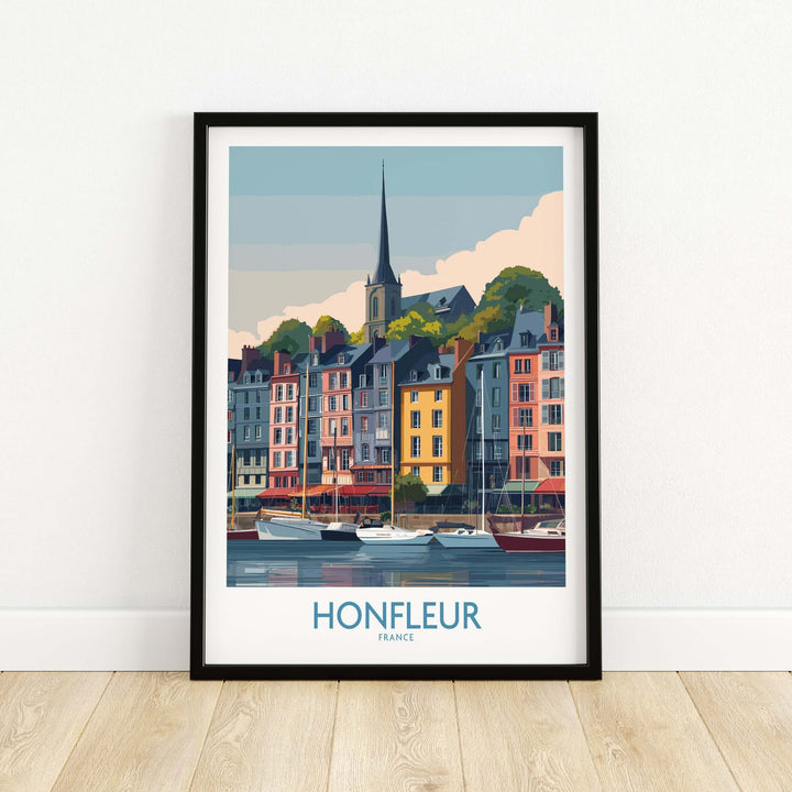 Honfleur town poster showcasing colorful buildings and boats in Normandy, France art print for travel decor