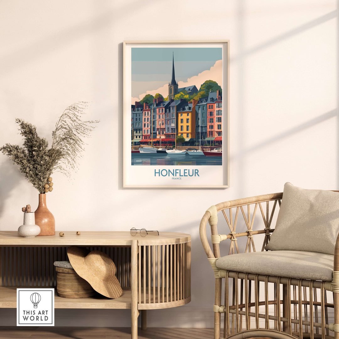 Honfleur town poster art print in a cozy living room, showcasing vibrant buildings and serene waterfront.