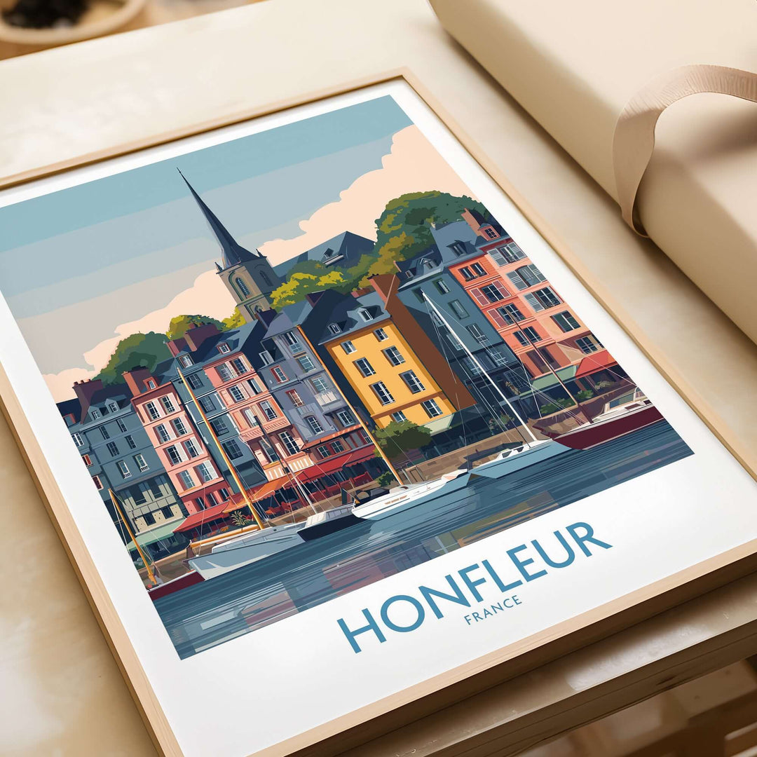 Honfleur Town poster showcasing colorful buildings and boats in a charming French village art print.