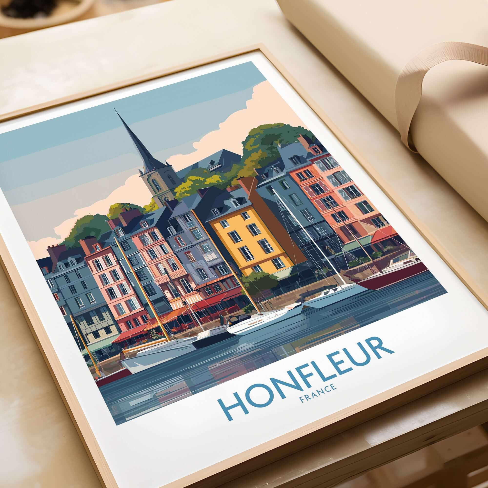 Honfleur Town Poster - French Village Art Print - Normandy Travel Decor showcasing colorful buildings and boats in Honfleur.