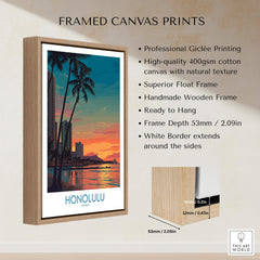 Honolulu Hawaii Canvas Print | Sunset Beach & Palm Trees Poster framed canvas print with palm trees and sunset design.