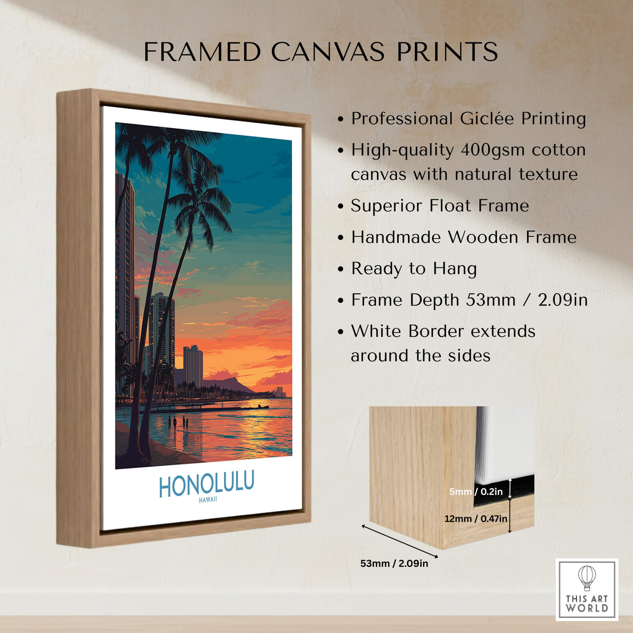 Honolulu Hawaii Canvas Print | Sunset Beach & Palm Trees Poster framed canvas print with palm trees and sunset design.