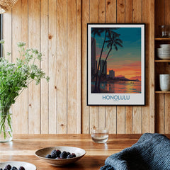 Honolulu Hawaii Canvas Print | Sunset Beach & Palm Trees Poster displayed in a stylish interior with wooden accents.