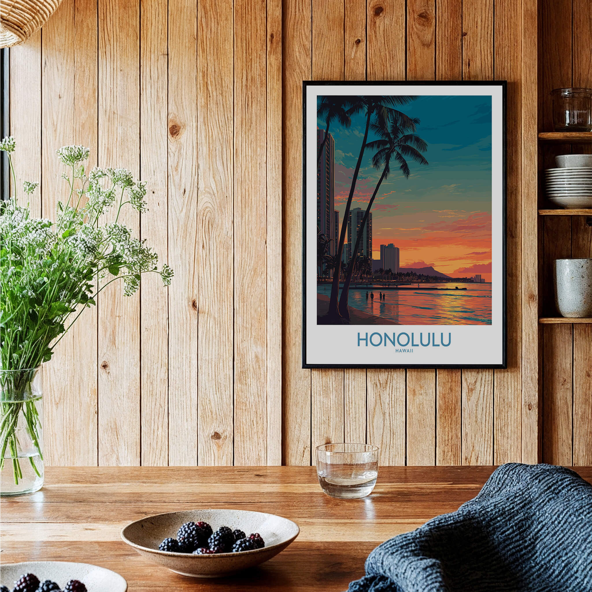 Honolulu Hawaii Canvas Print | Sunset Beach & Palm Trees Poster displayed in a stylish interior with wooden accents.
