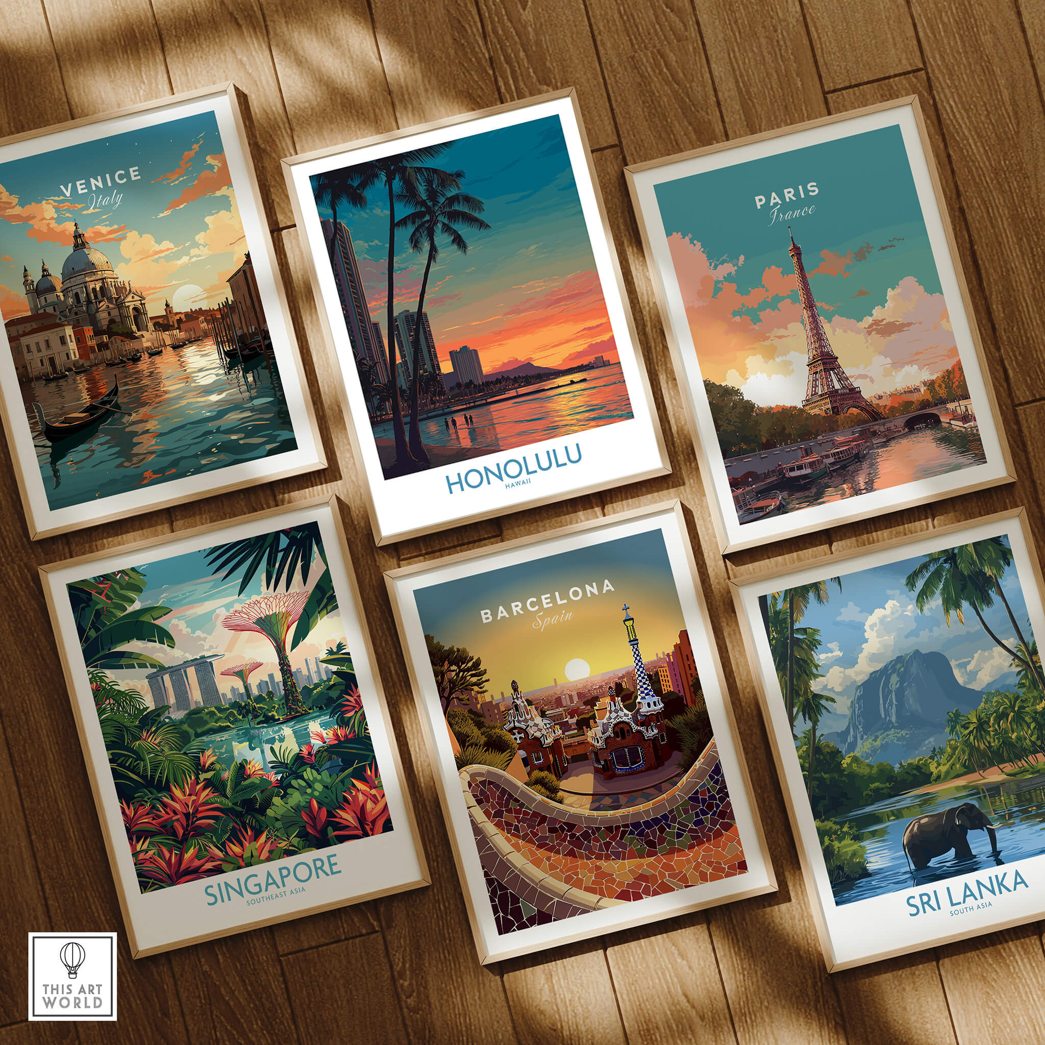 Honolulu Hawaii Canvas Print | Sunset Beach & Palm Trees Poster artwork with travel destinations including Venice, Barcelona, Paris, Singapore, and Sri Lanka.