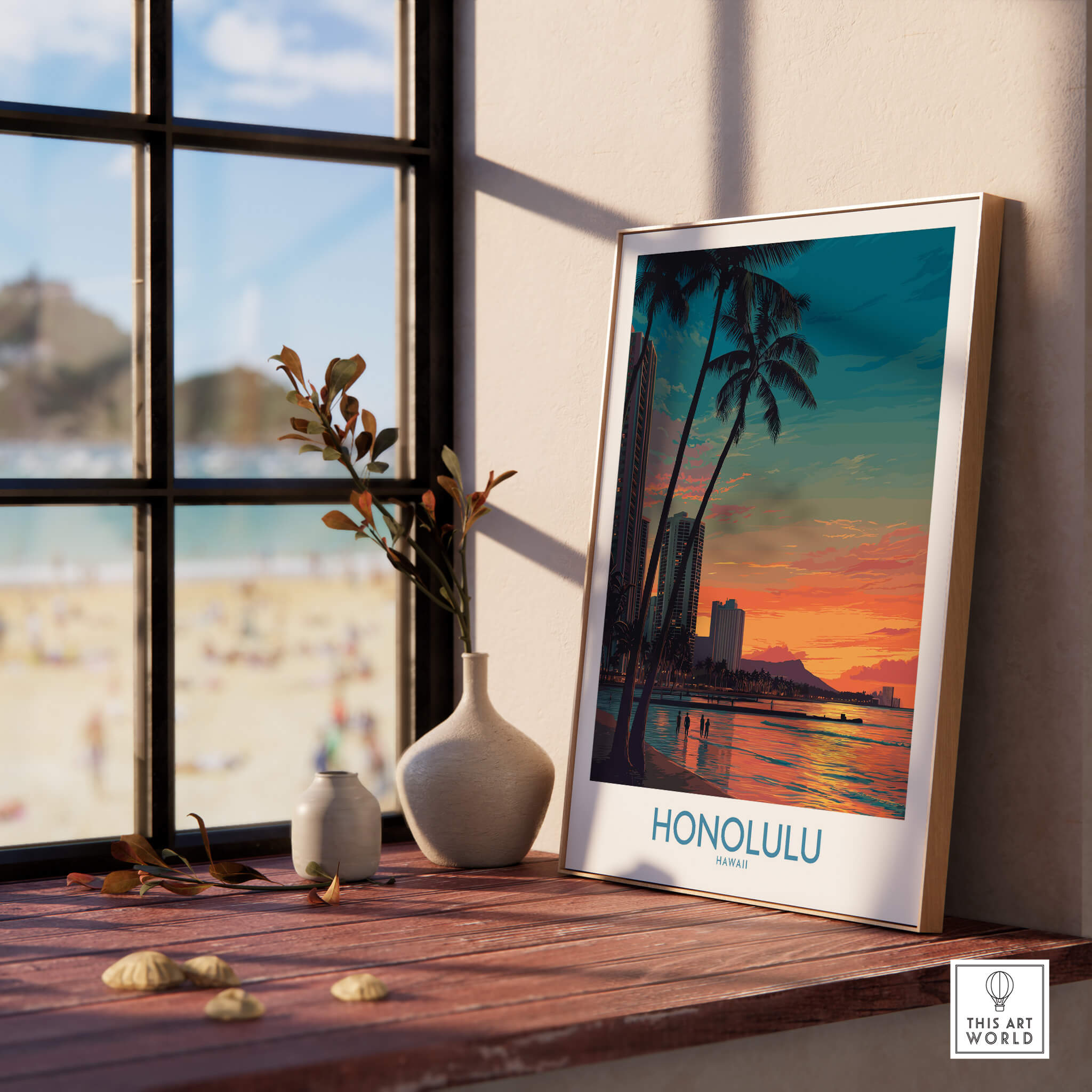 Honolulu Hawaii Canvas Print | Sunset Beach & Palm Trees Poster displayed on a table with a coastal view through a window.