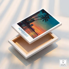 Honolulu Hawaii Canvas Print | Sunset Beach & Palm Trees Poster in a decorative box with a vibrant sunset design.