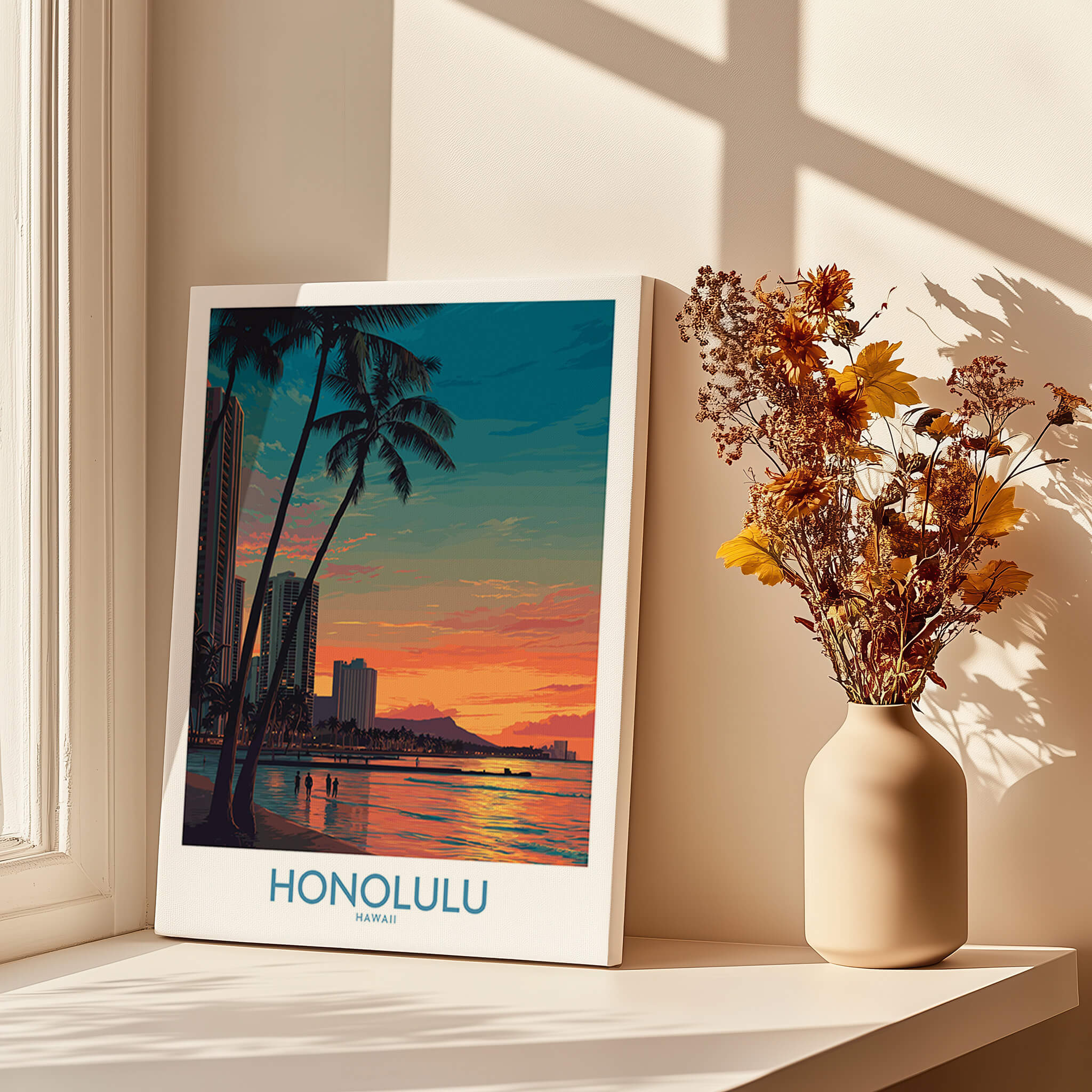 Honolulu Hawaii Canvas Print | Sunset Beach & Palm Trees Poster showcasing a tropical sunset with palm trees.