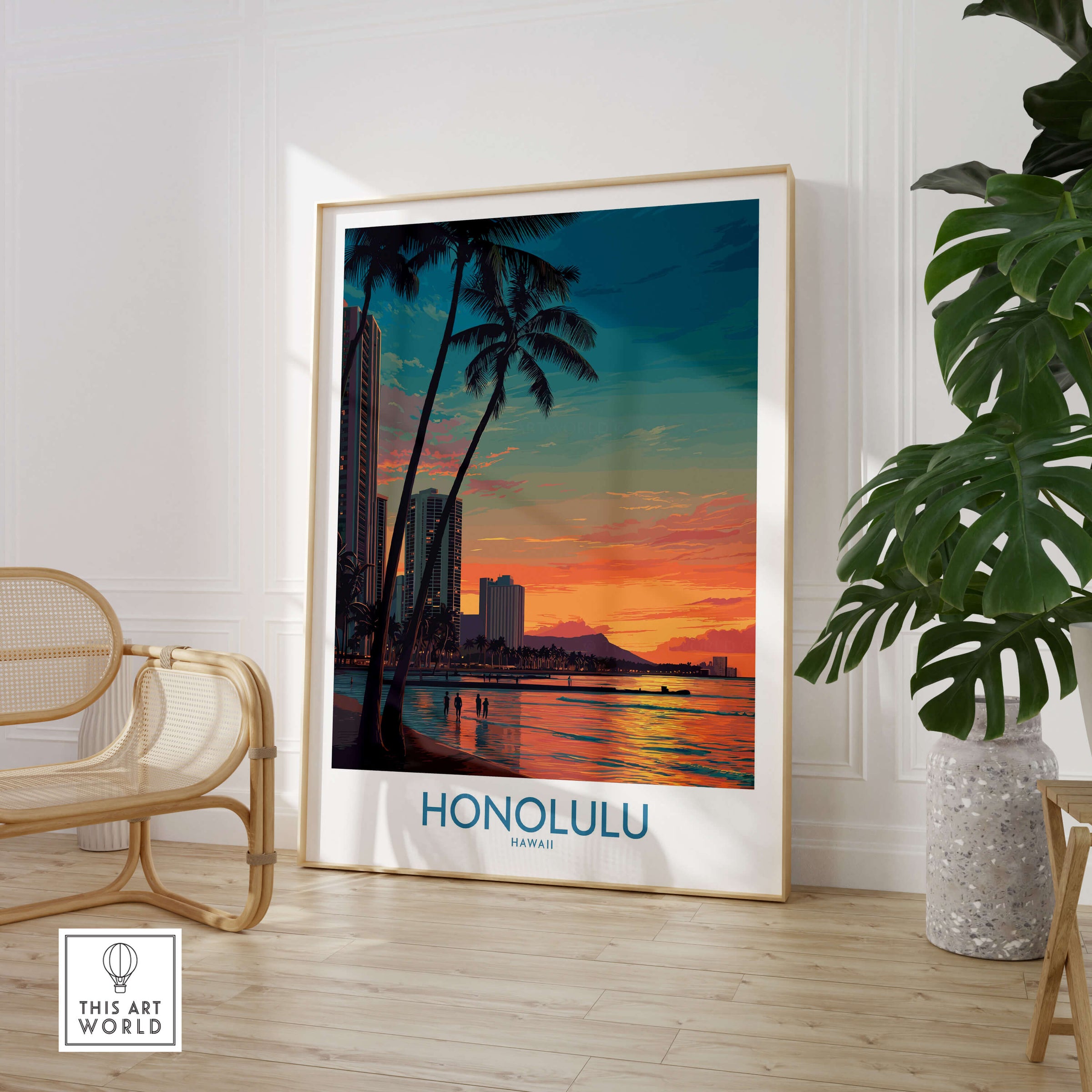 Honolulu Hawaii Canvas Print | Sunset Beach & Palm Trees Poster in a modern decor setting.