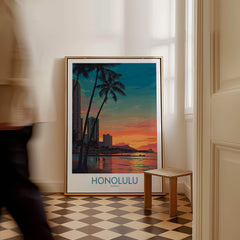 Honolulu Hawaii Canvas Print | Sunset Beach & Palm Trees Poster framed in a room with a person walking by.