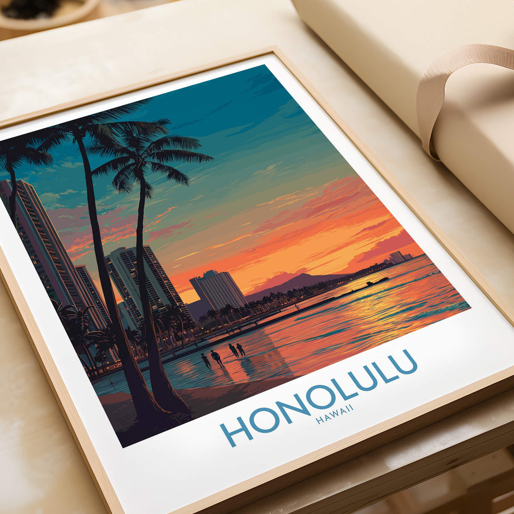 Honolulu Hawaii Canvas Print | Sunset Beach & Palm Trees Poster featuring a vibrant sunset over the beach.