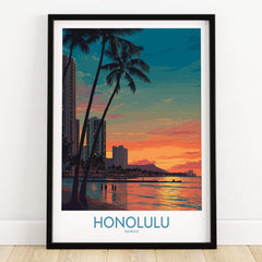 Honolulu Hawaii Canvas Print | Sunset Beach & Palm Trees Poster featuring a vibrant sunset over the beach with palm trees.