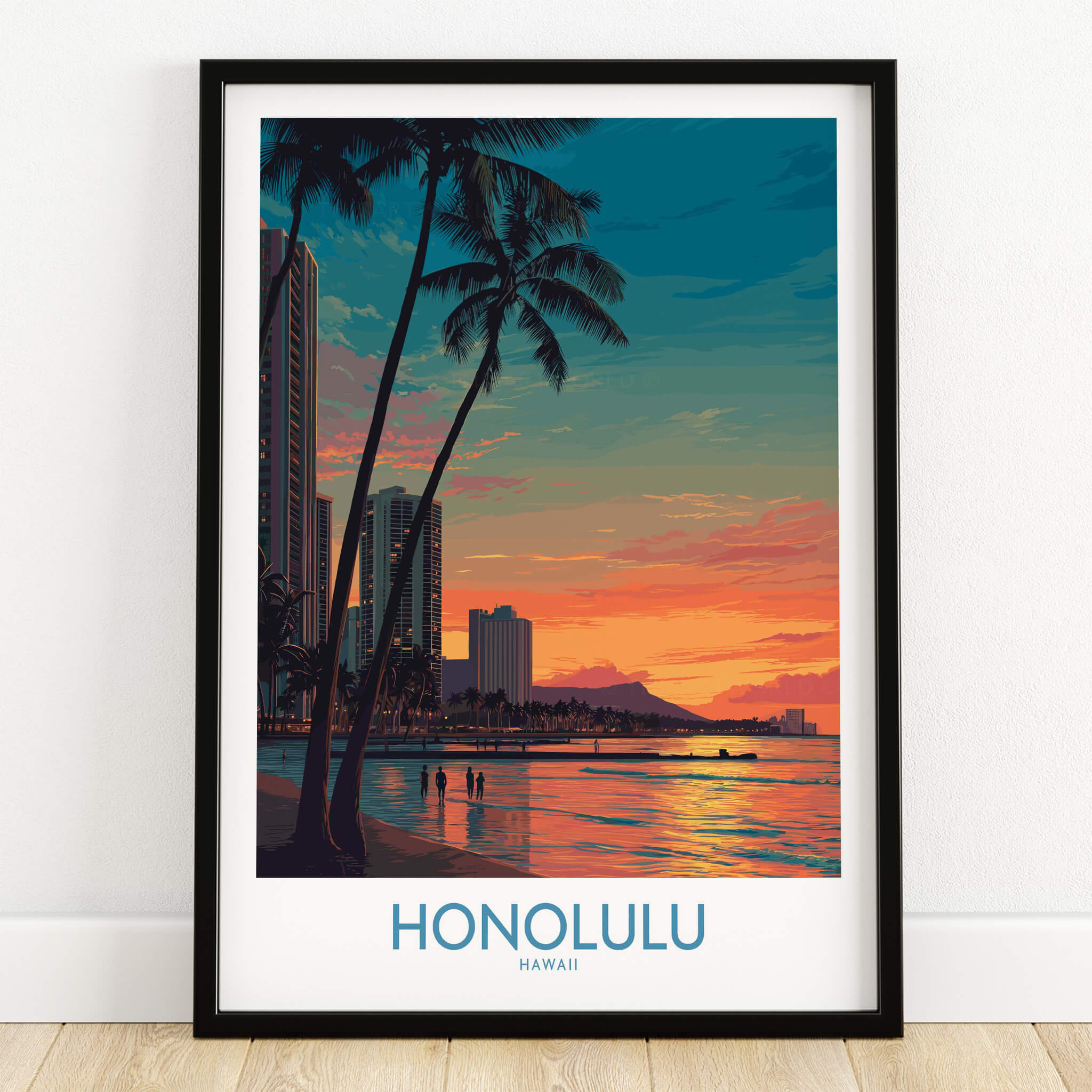 Honolulu Hawaii Canvas Print | Sunset Beach & Palm Trees Poster featuring a vibrant sunset over the beach with palm trees.