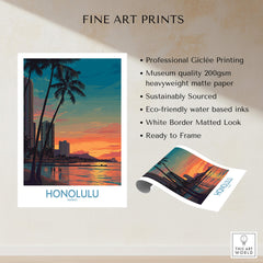Honolulu Hawaii Canvas Print | Sunset Beach & Palm Trees Poster showcasing vibrant sunset, palm trees, and city skyline.