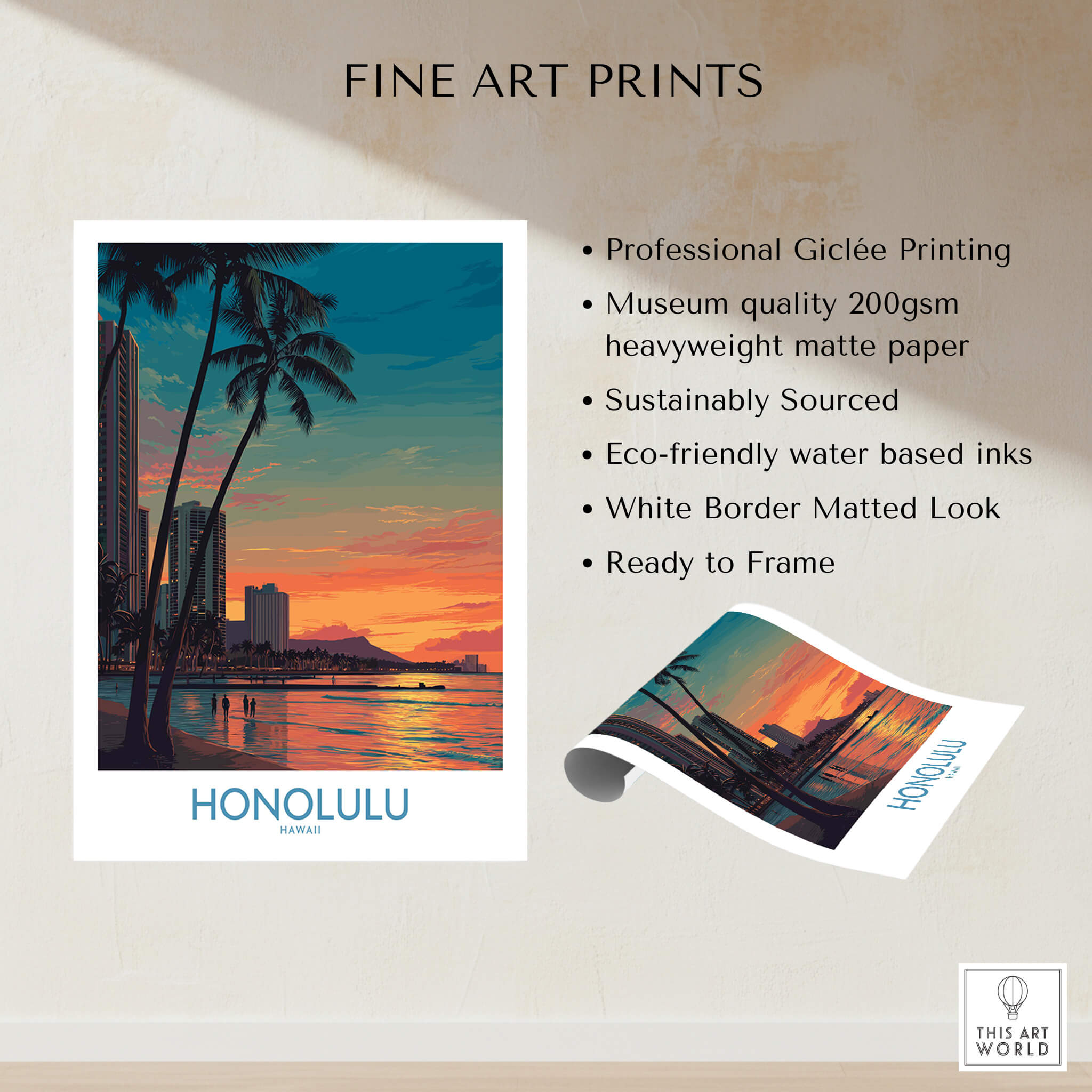 Honolulu Hawaii Canvas Print | Sunset Beach & Palm Trees Poster showcasing vibrant sunset, palm trees, and city skyline.