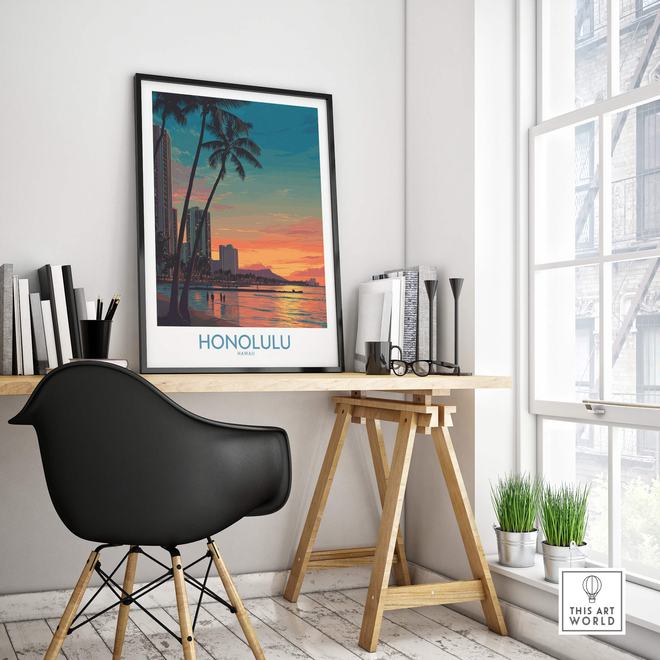 Honolulu Hawaii Canvas Print | Sunset Beach & Palm Trees Poster displayed in a stylish workspace with a scenic view.