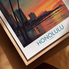 Honolulu Hawaii Canvas Print | Sunset Beach & Palm Trees Poster displayed on wood frame with sunset reflection.