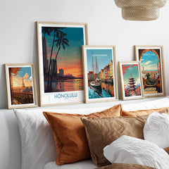 Honolulu Hawaii Canvas Print | Sunset Beach & Palm Trees Poster displayed on a wall frame with other city posters