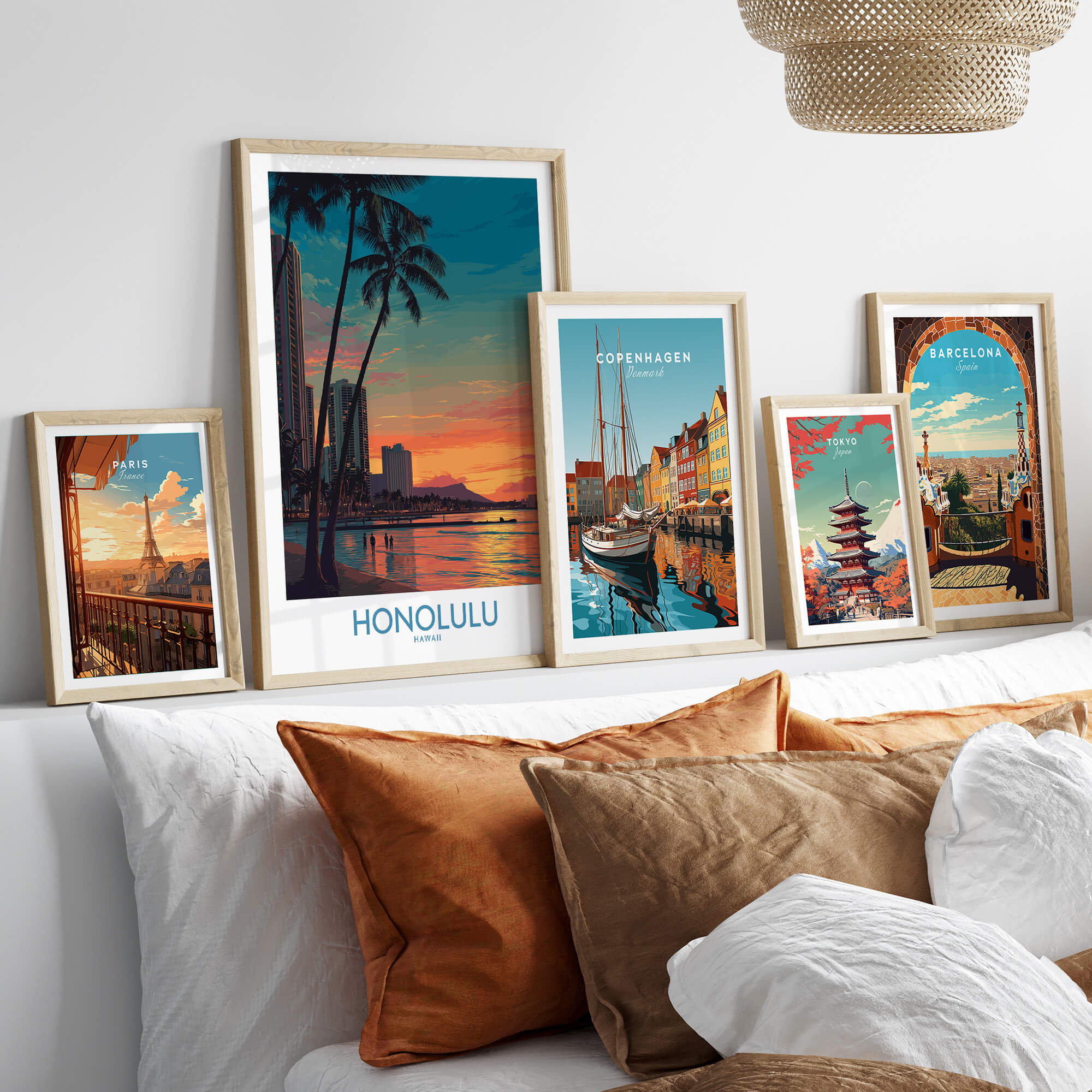 Honolulu Hawaii Canvas Print | Sunset Beach & Palm Trees Poster displayed on a wall frame with other city posters