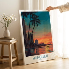 Honolulu Hawaii Canvas Print | Sunset Beach & Palm Trees Poster displayed with a serene sunset and palm trees.