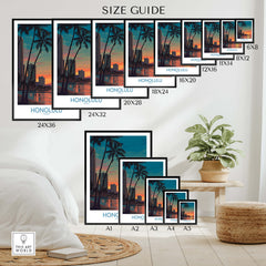 Honolulu Hawaii Canvas Print | Sunset Beach & Palm Trees Poster size guide showcasing various print options.