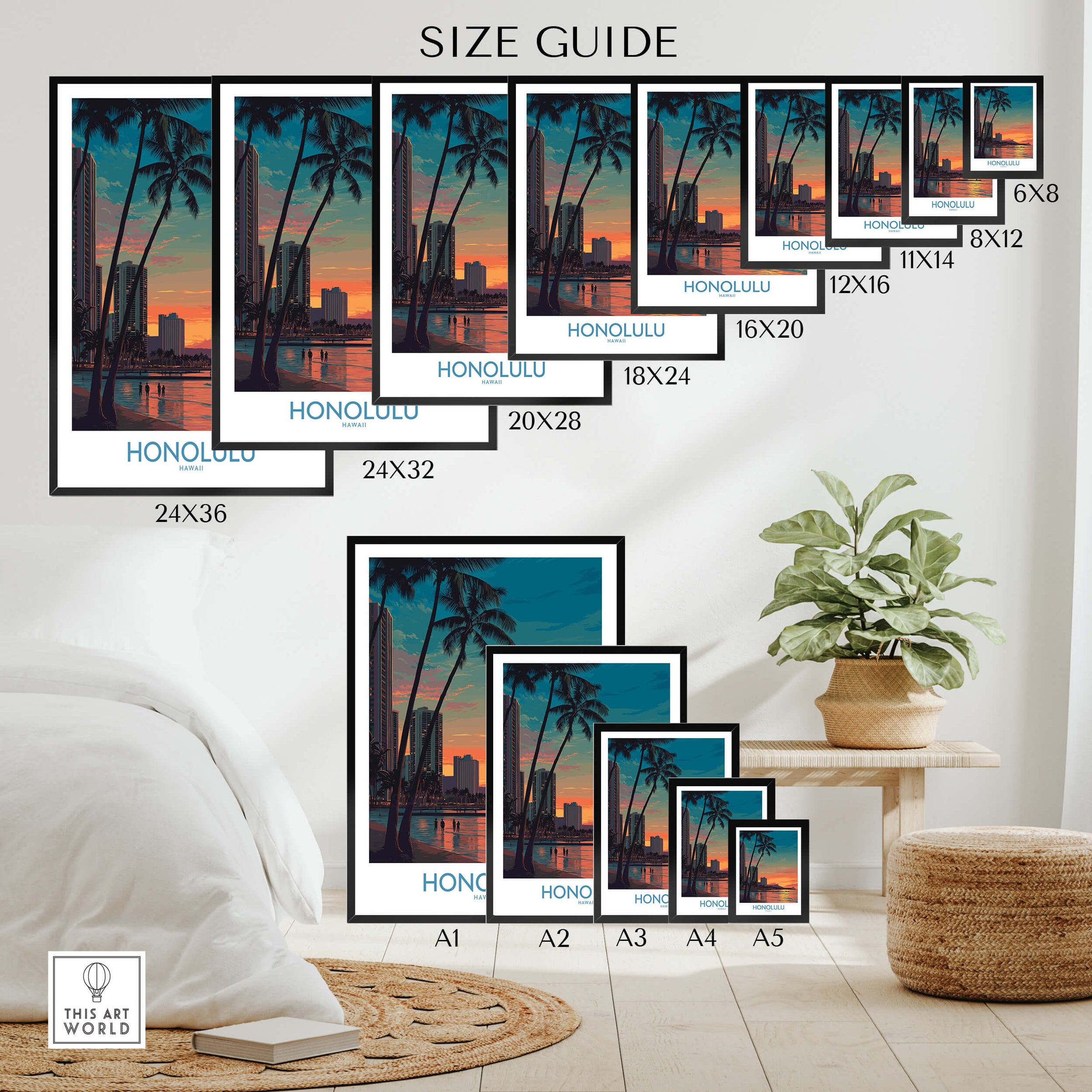 Honolulu Hawaii Canvas Print | Sunset Beach & Palm Trees Poster size guide showcasing various print options.