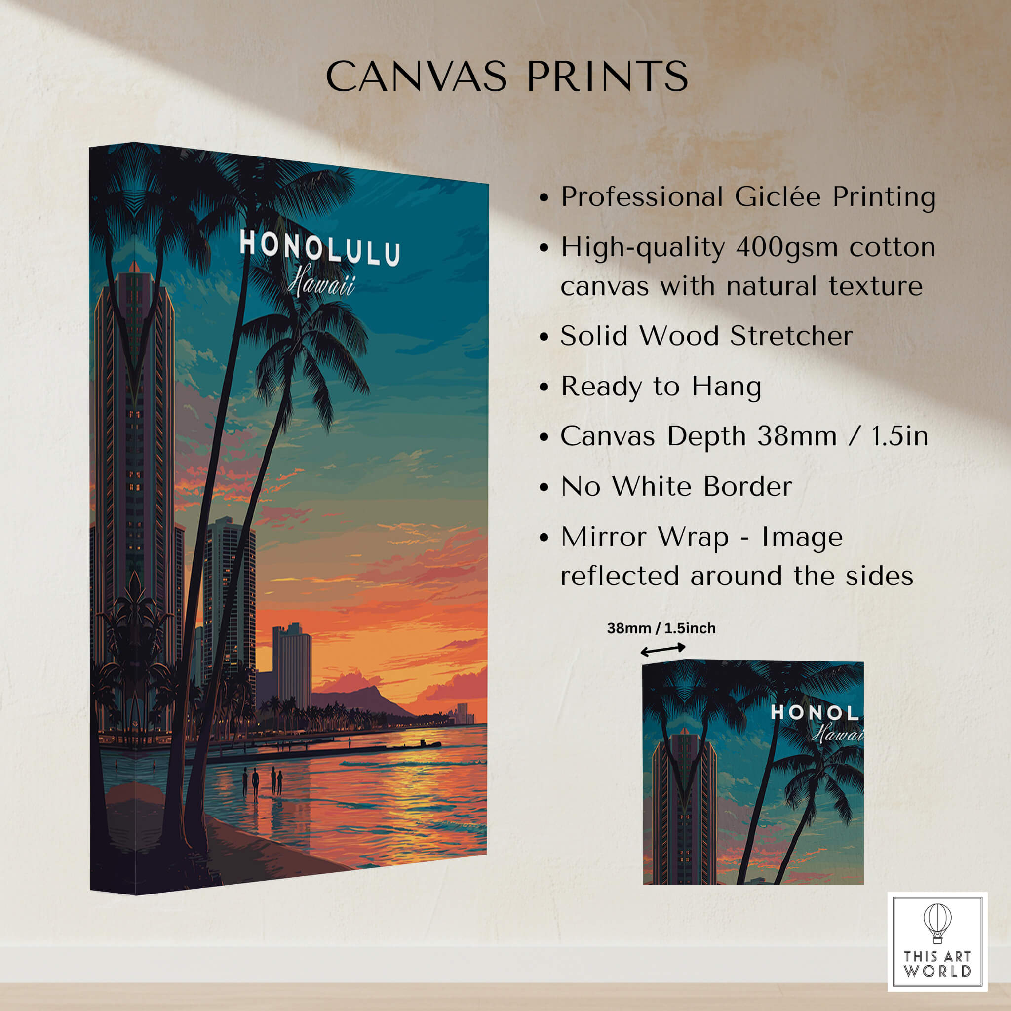 Honolulu Hawaii Travel Poster | Waikiki Sunset Cityscape Wall Art Print showcasing a vibrant sunset over the city.